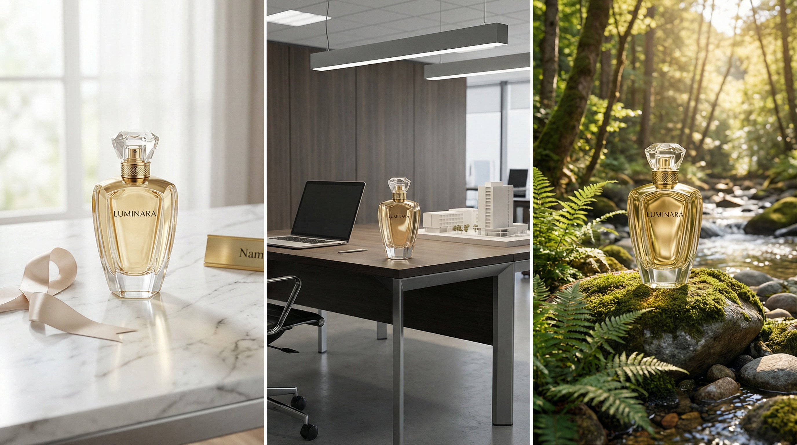 Single premium product placed in three different environments, luxury marble surface, modern office desk, natural outdoor setting, consistent product shape and details across all scenes, realistic lighting variations, clean composition, high detail, professional advertising style
